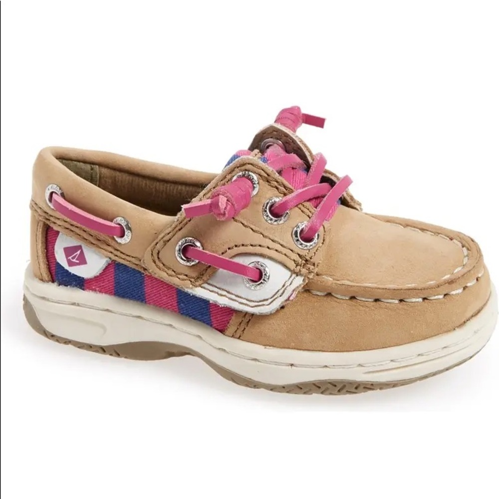 Sperry Top Sider Ivyfish big kids leather boat shoe navy and pink stripe size 5